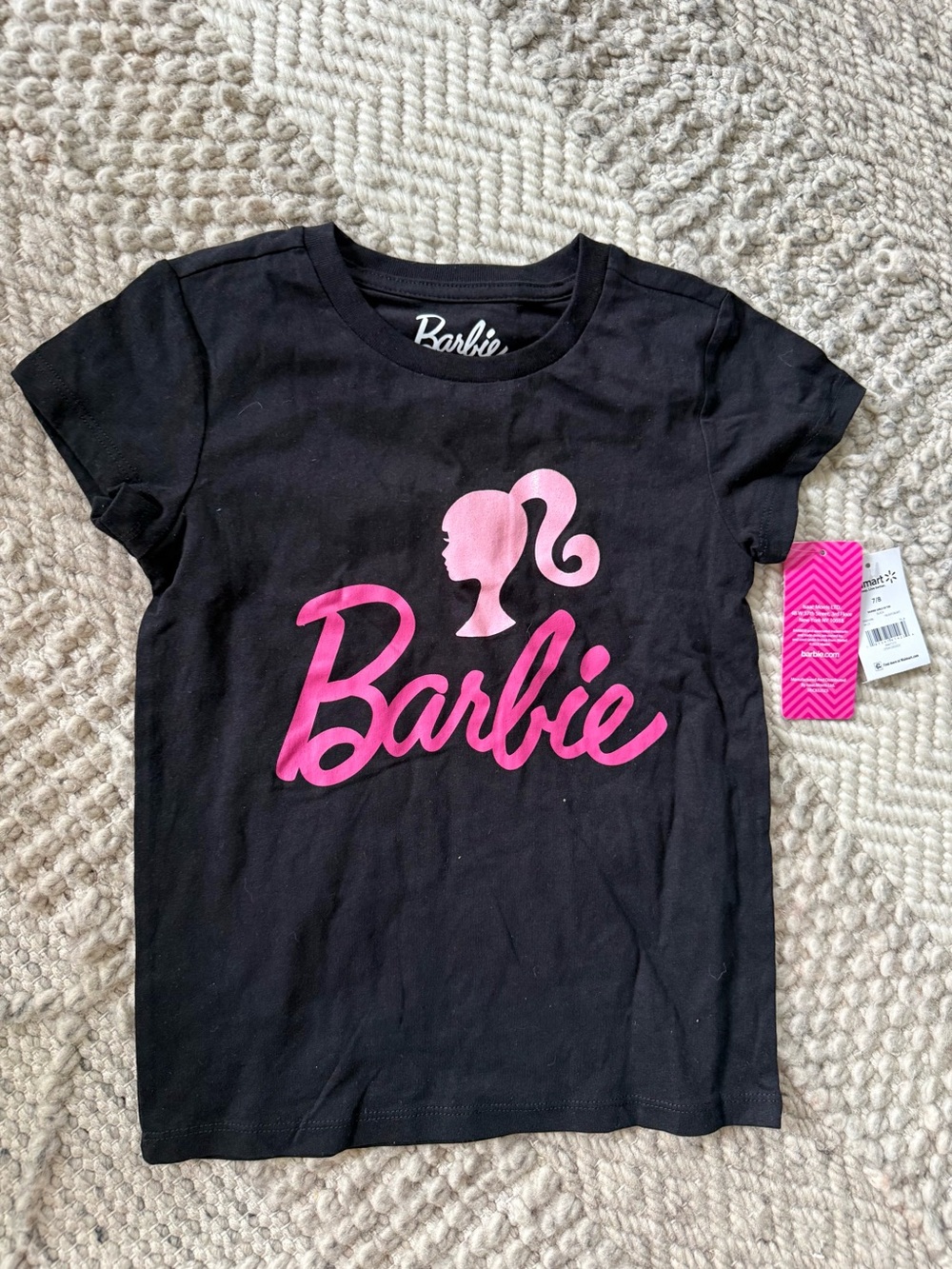 Barbie Girls' Black T shirt  Pink Logo silhouette glitter 7/8 nwt  short sleeve